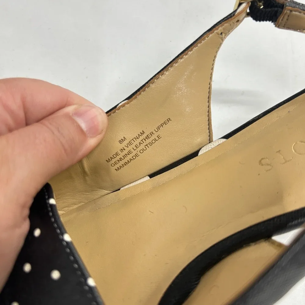 Talbots Polka Dot Pointed Toe Slingback Flats 8M Black White Gold Preppy Chic
